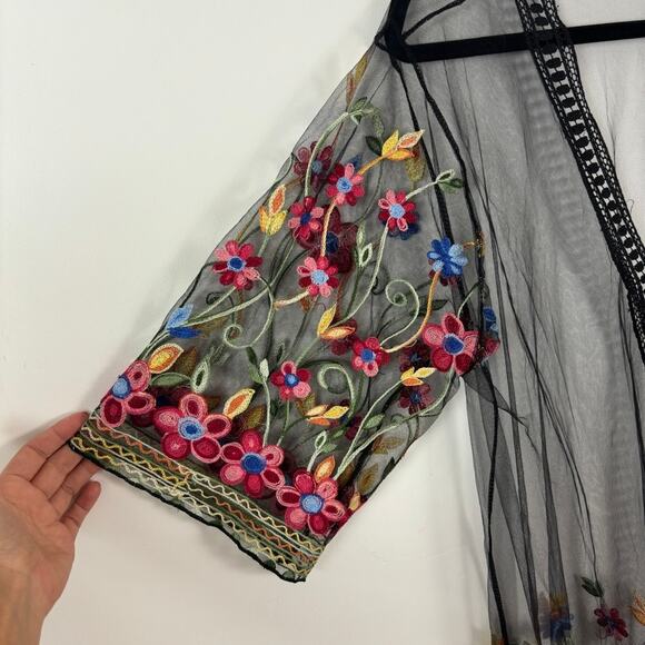 Asha Embroidered Kimono Coverup – Sheer Tassel Long Swim Duster OS - Picture 3 of 7